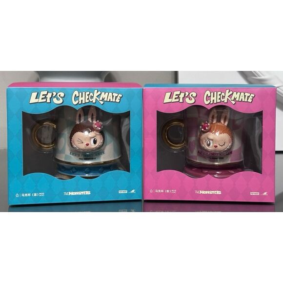 SET OF 2-POP MART LABUBU THE MONSTERS Let's Checkmate Series-Mugs, PINK & BLUE - Picture 2 of 16